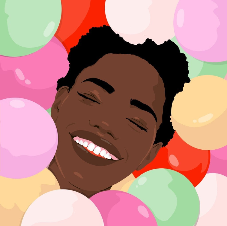 Painting of Happy person  surrounded by colorful balloons. 