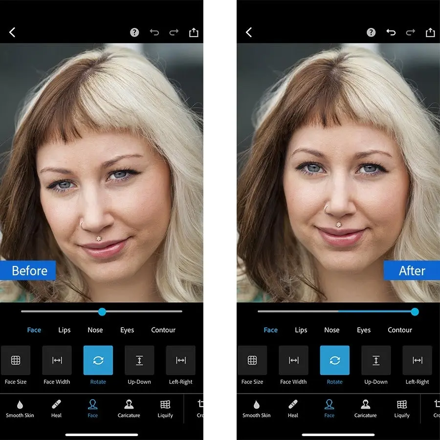 [left] before image: woman smiling with tilted head. [right] after image: woman smiling looking straight forward.