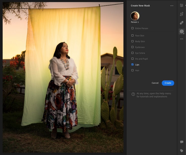 Select People can detect and create masks for specific parts of a portrait. Photo by Tomás Karmelo Amaya in Lightroom.