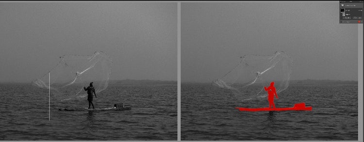 Before / after drawing a rectangle around the fisherman with Rectangle Select.