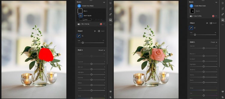 Before / after painting over the flower with Brush Select in Lightroom.