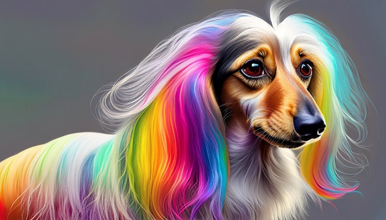 Image of a long haired dachshund with long flowing rainbow hair