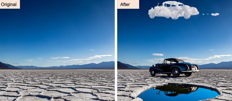 The future of Photoshop is here with Generative AI. Before and after of an image with a car.