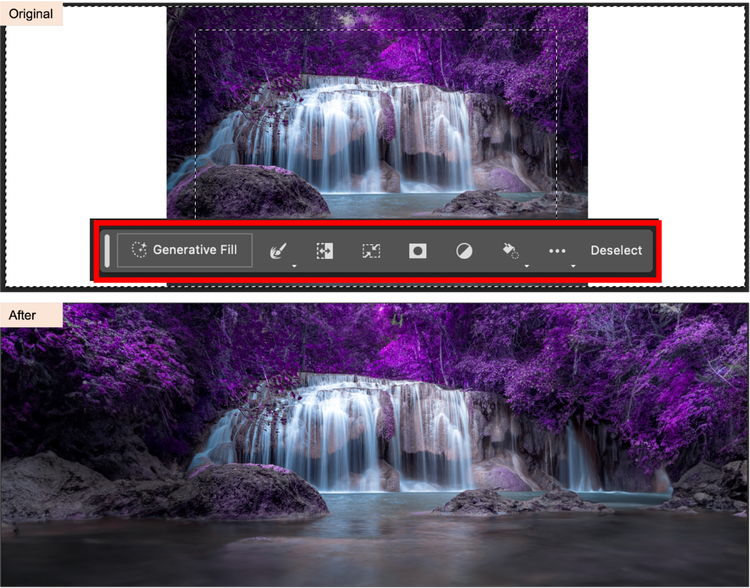 Two images of waterfall using Generative Fill.
