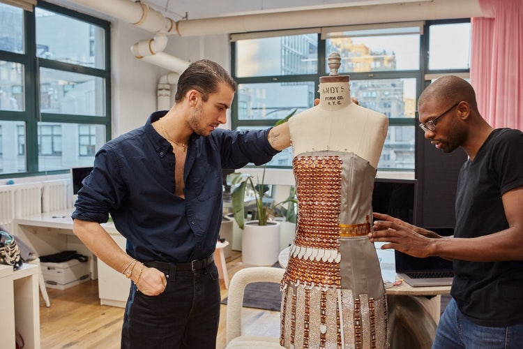 Designer Christian Cowan and Adobe Researcher TJ Rhodes building the Project Primrose Dress at Cowan's NYC studio.