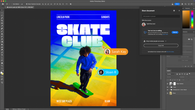 Poster of a Skate Club created using creative collaboration in Photoshop Web.