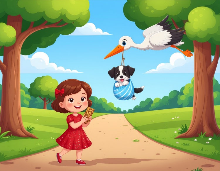 Image of a girl and a puppy being carried by a bird created using Adobe Firefly.