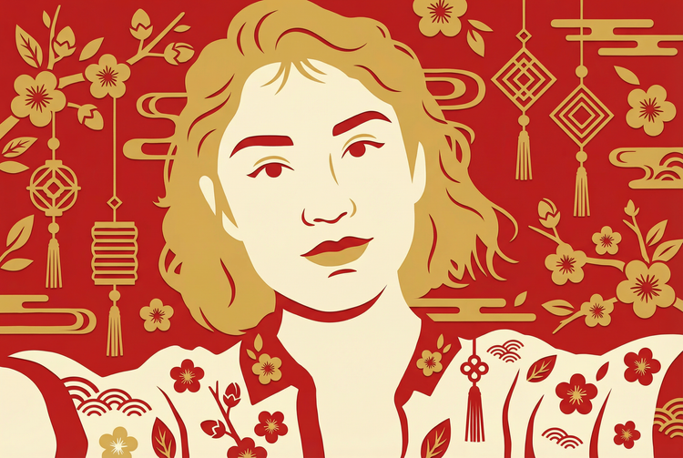 Image of a woman tranformed into a Lunar New Year papercut Design.