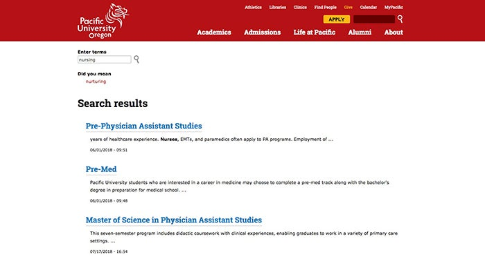 This screenshot shows how the redesigned Pacific Univerisity's site search displays related programs to help prospective students determine career path relevancy.