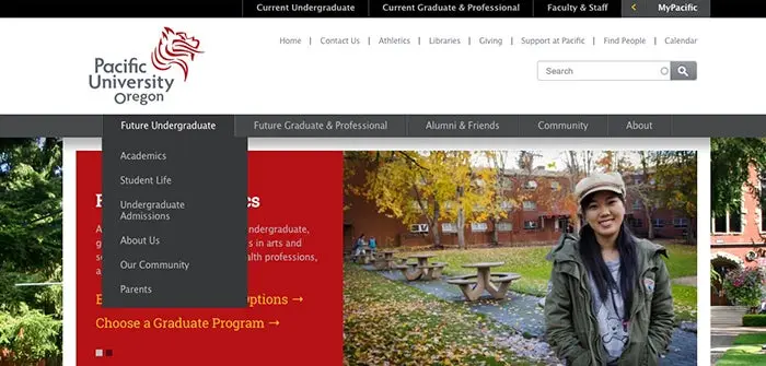 This screenshot shows the old main navigation structure on Pacific University's website before being redesigned.