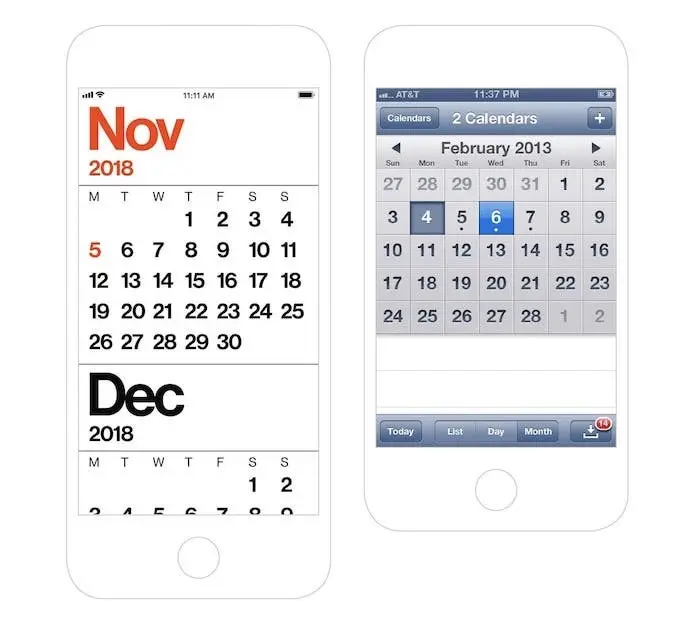 A side by side comparison of the minimal calendar app versus an older version of the iOS calendar app.