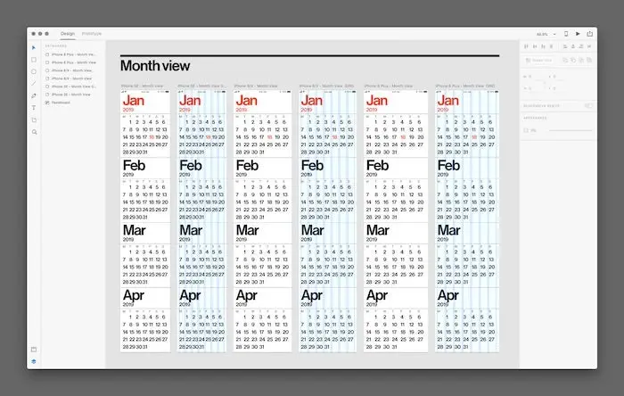 A screenshot of the use of Neue Haas Grotesk typeface in the month view Adobe XD artboard for the Minimal Calendar App.