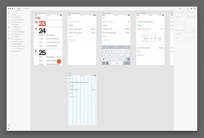 A screenshot demonstrating the use of Adobe XD's layout grid in the design of the Minimal Calendar App.
