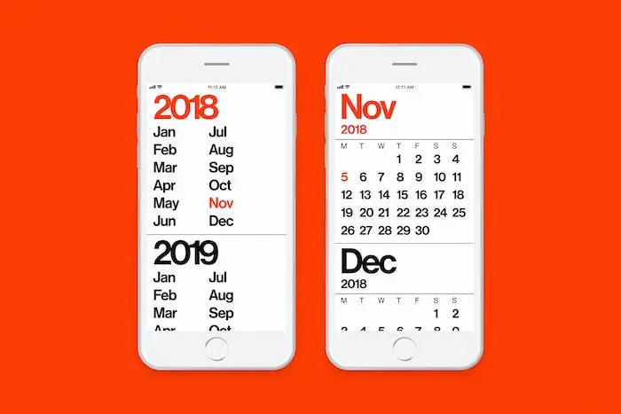 Side by side view of the minimal calendar apps display options for months organized by year and days organized by month.