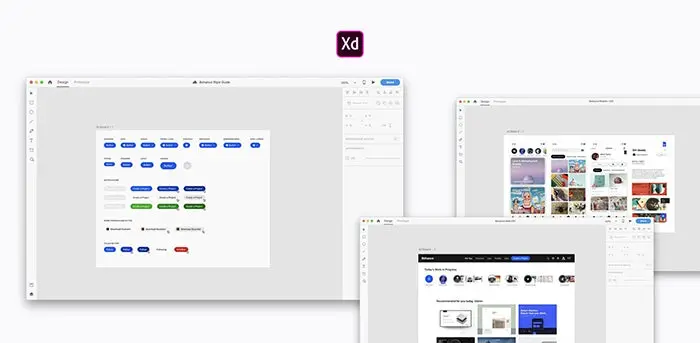 Screenshots of the linked symbols and asset manager workflow in Adobe XD.