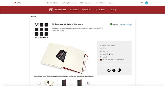 Moleskine+ for Adobe Illustrator product page on Adobe Exchange.