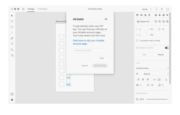 A GIF demonstrating how the airtable plugin for Adobe XD is used to populate designs with copy and images from an airtable base.