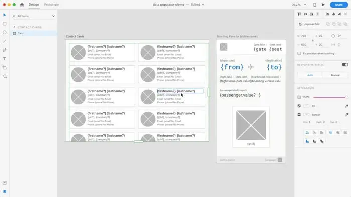 A GIF demonstrating how the data populator plugin for Adobe XD can be used to populate designs with real data from structured JSON or live APIs.