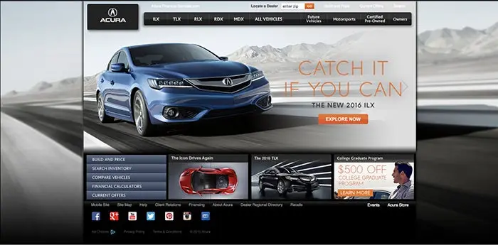 A screenshot of the Acura Wesbite pre-2016 before it was redesigned by the Publicis Sapient team.