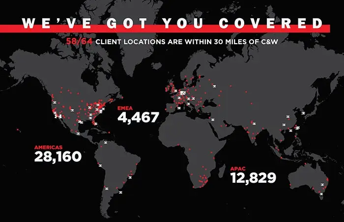An infographic map illustrating the relative proximity of Cushman & Wakefield corporate locations to the locations of their clients.