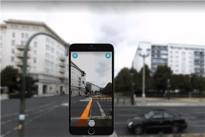 A demo, text-free navigation app that uses visual AR cues to guide the user through their mobile camera viewfinder.