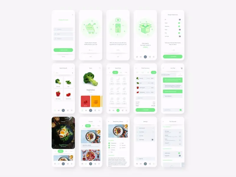 A GIF demonstrating how different components in the Fresh Food UI Kit adapt to both light and dark modes.