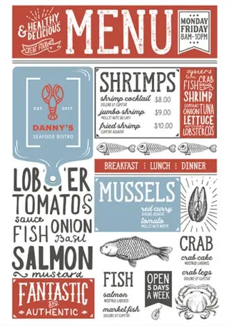 Anna Natter’s fictional Danny’s Seafood menu, created in Illustrator before being used in her 3D designs in Dimension.