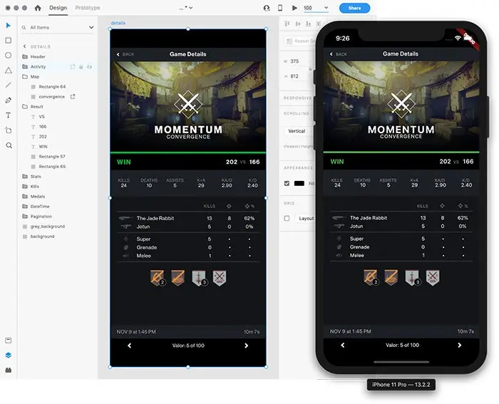 An artboard in Adobe XD is converted into an app UI on an iPhone 11 Pro, using dart code generated by the XD to Flutter plugin.