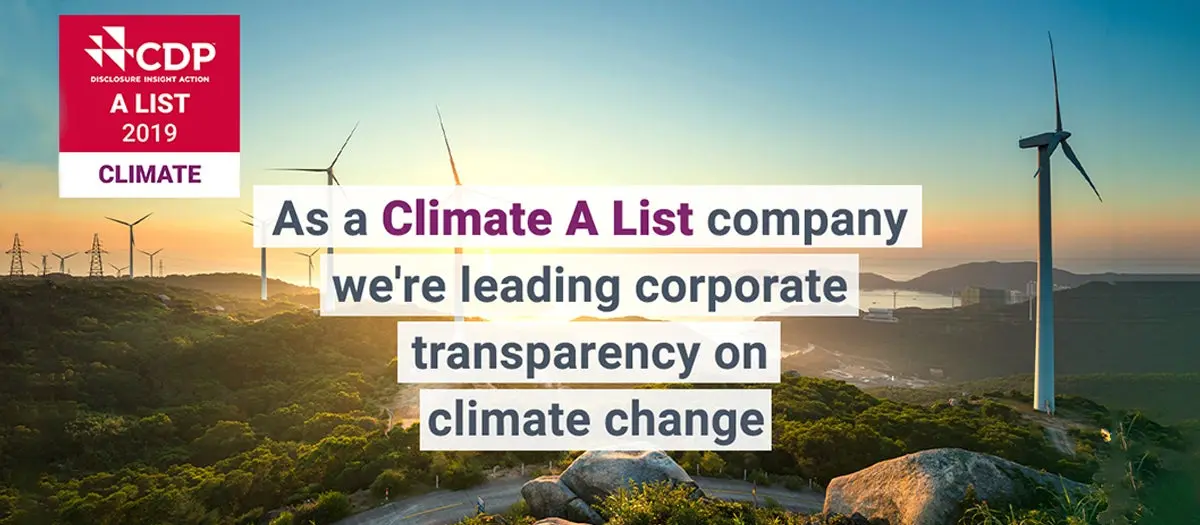 Image of wind turbines with text reading: As a Climate A List company we're leading corporate transparency on climate change.