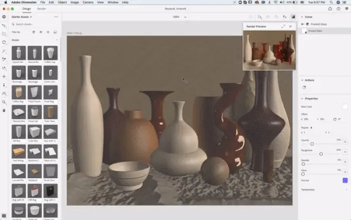 Adjusting opacity of atmospheric textures for a recreation of Giorgio Morandi's Still Life, in Adobe Dimension.