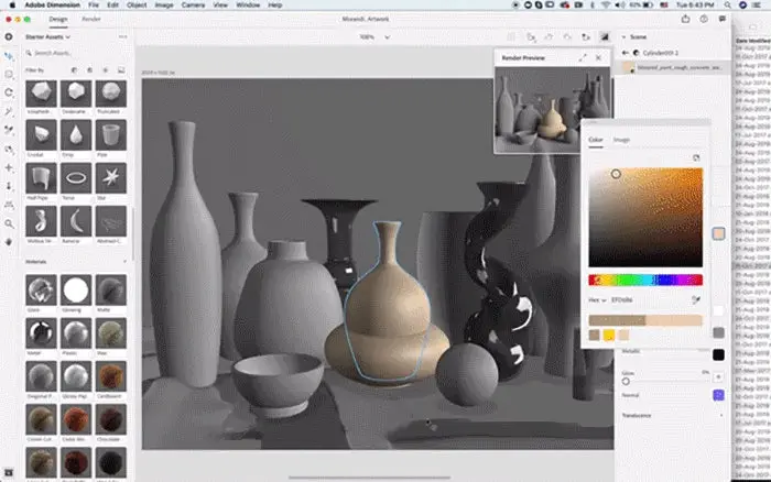 Adding colors and textures to a recreation of Giorgio Morandi's Still Life, in Adobe Dimension.