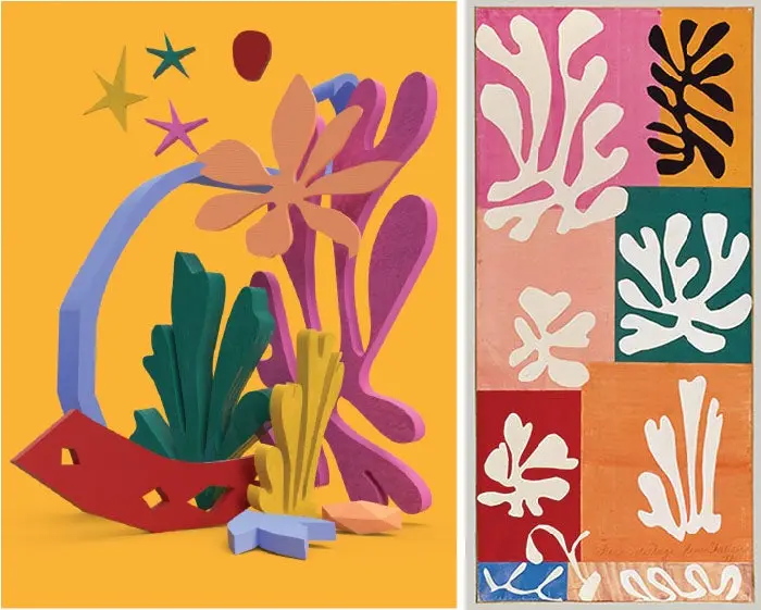 A 3D recreation of Henri Matisse's Cut-Outs, alongside the original painting.