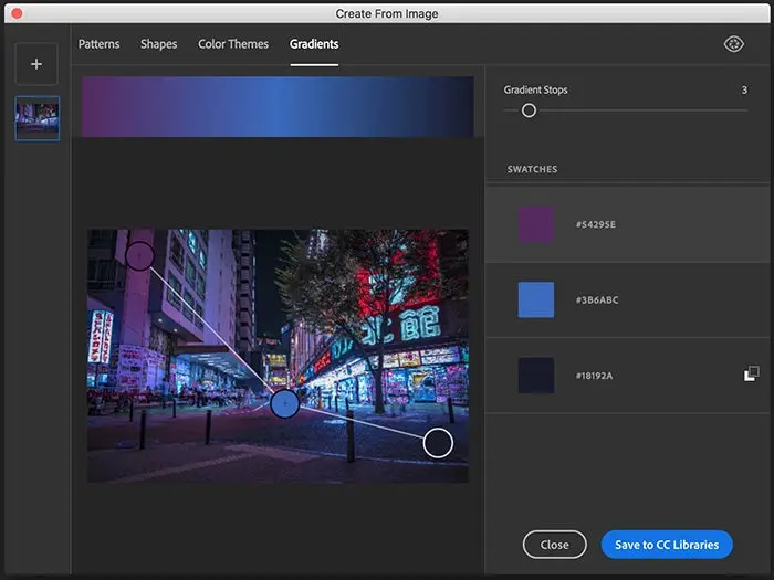 The Adobe Capture gradient module is used to create a color gradient from an image in Creative Cloud Libraries.