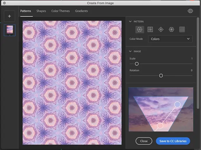 The Adobe Capture patterns module is used to create a fractal pattern from an image in Creative Cloud Libraries in Photoshop via the extension panel.