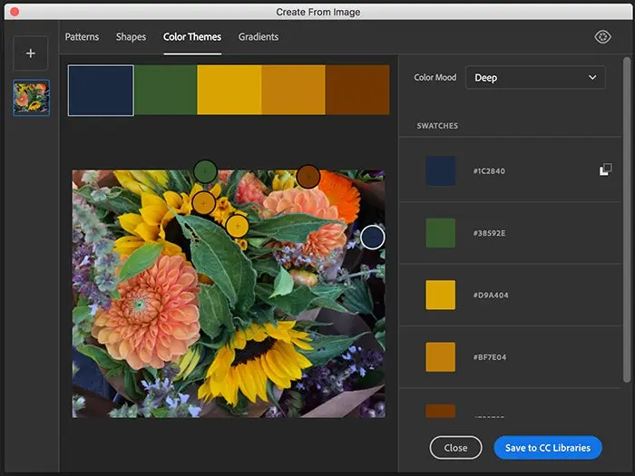 The Adobe Capture Color Themes module in Creative Libraries is used to create a color palette from a bouquet of flowers.