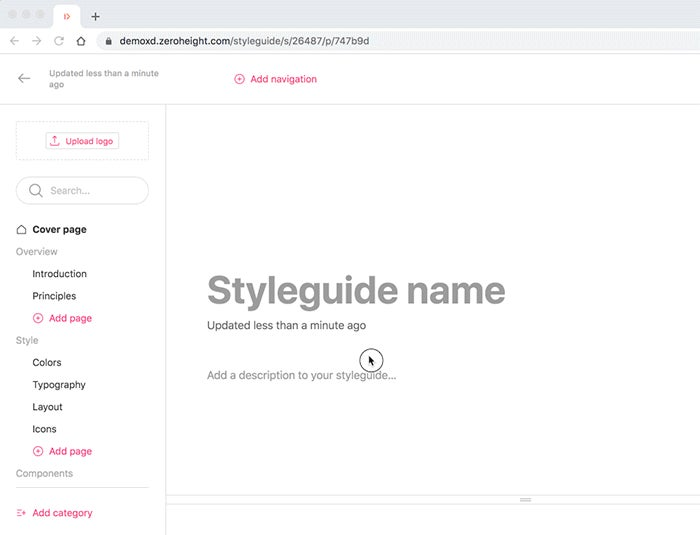 A GIF demonstrating the process of adding uploaded Adobe XD files and components to a zeroheight style guide.