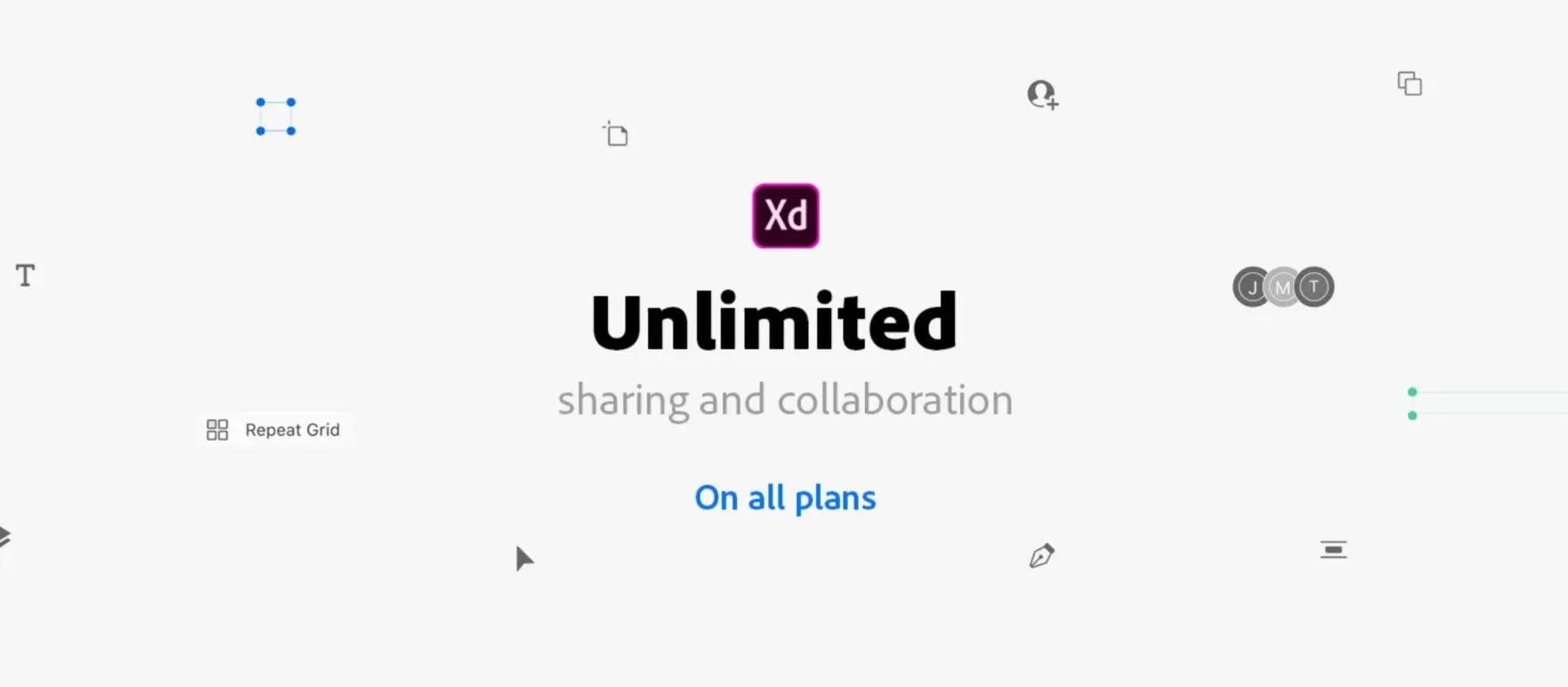 Banner for the Adobe XD announcement offering unlimited sharing and collaboration on all XD subscription plans.
