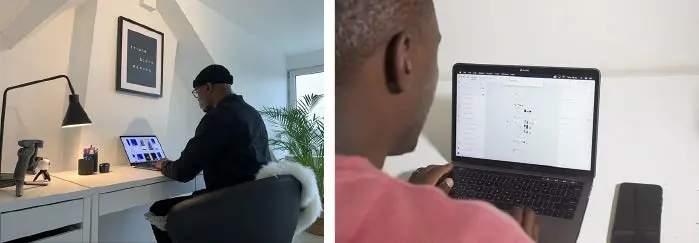 Babusi Nyoni, left, coordinates Patana AI design efforts from his office in Amsterdam, while the user testing team, right, works from Zimbabwe.