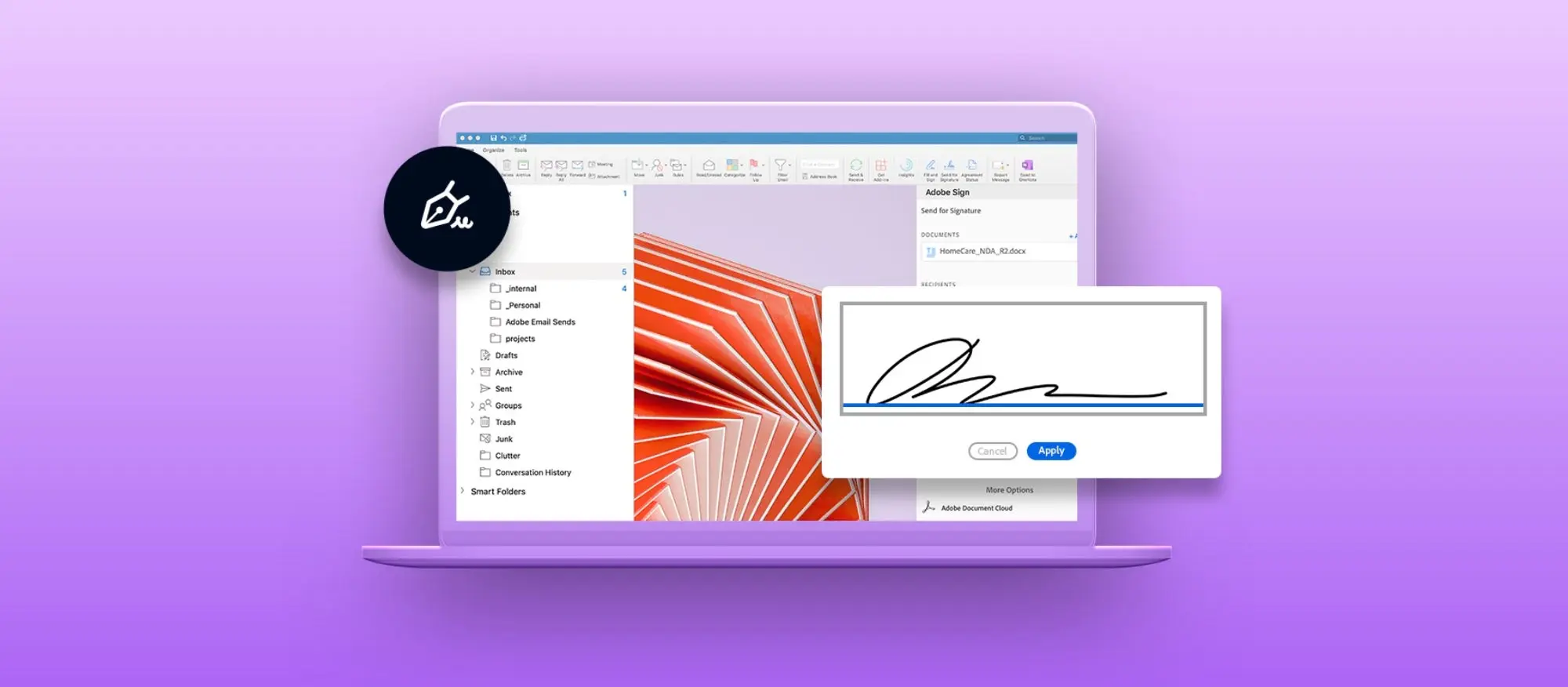 Purple background with Adobe Sign opened on a laptop
