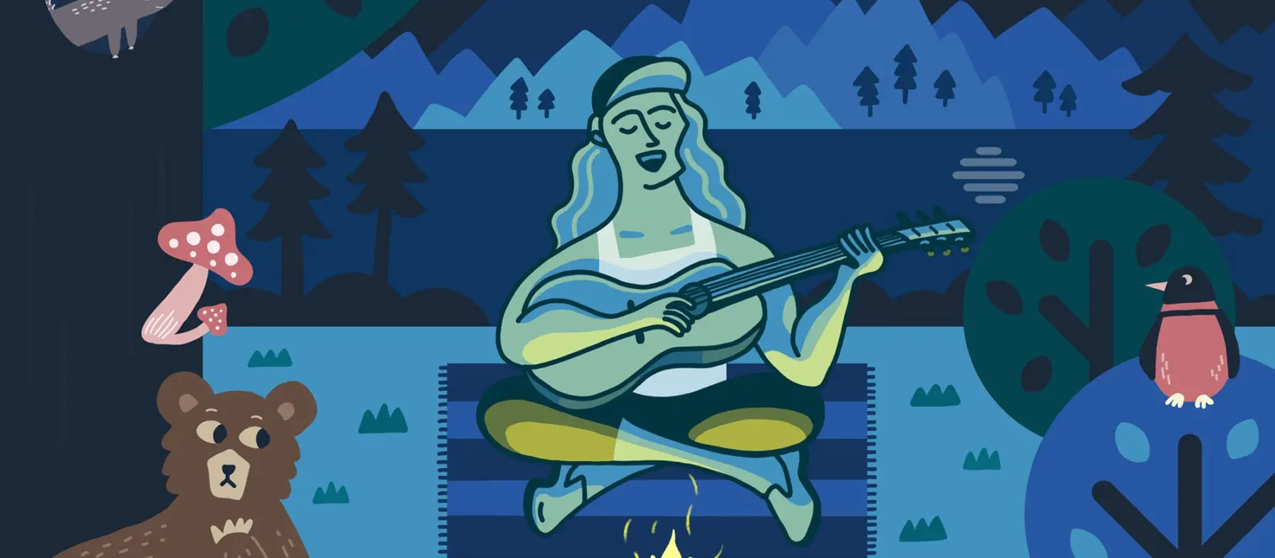 A woman playing guitar in the blue light of a campfire at dusk serenades animals from the surrounding woods.