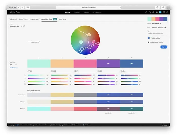The Adobe Color interface, showing a color wheel with lines between color bubbles to indicate colorblindness issues