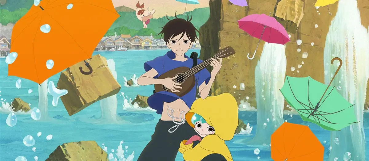 Animation of child playing guitar in the rain.