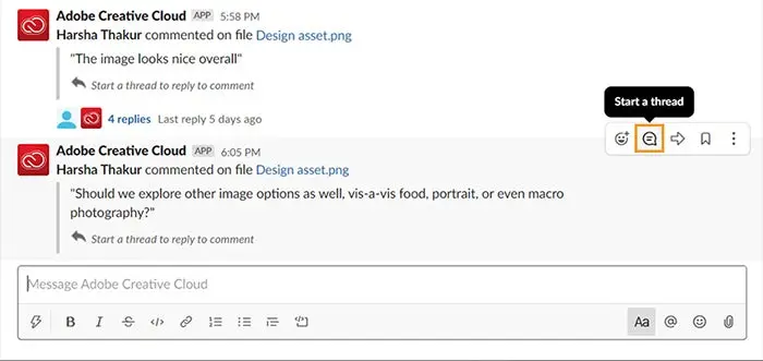 Two-way commenting in Slack and Adobe with the Creative Cloud for Slack integration.