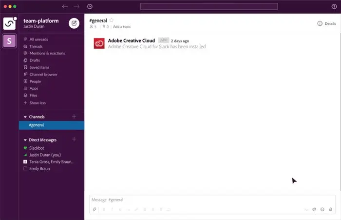 Adobe CC's Slack integration subscribe command is used to push document activity to a shared Slack channel.
