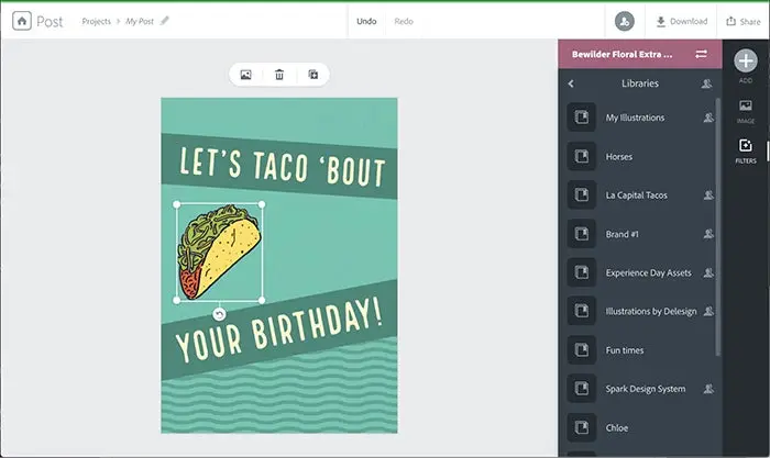 A social graphic in Adobe Spark Post reads 'let's taco 'bout your birthday!'