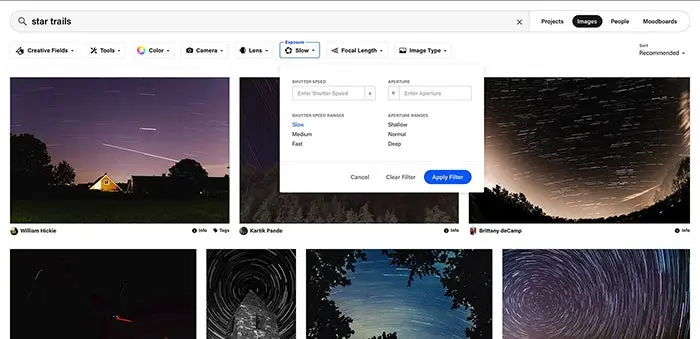 Image search results on Behance for the query 'star trails' with filter options expanded for lens exposures.