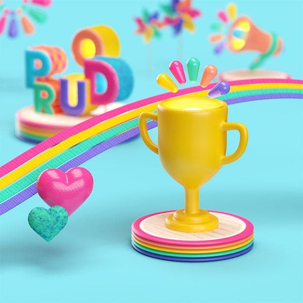 Noah Camp's Pride artwork uses 3D type and assets from Adobe's Pride-themed collection to celebrate Pride Month.