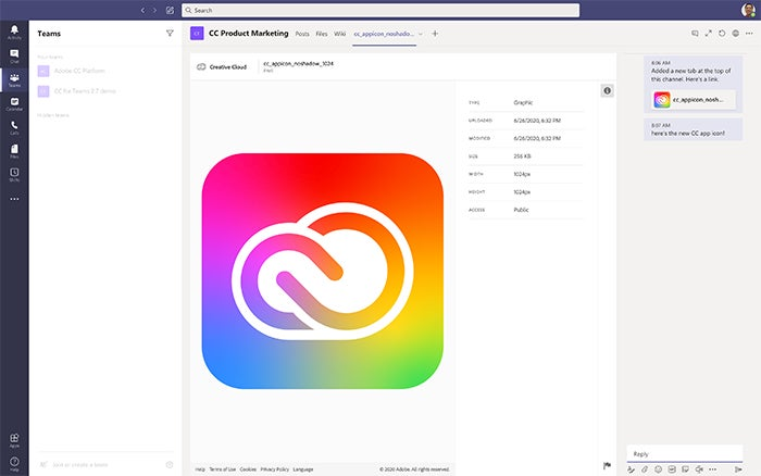 Adding the Adobe Creative Cloud app to a Microsoft Teams Channel.