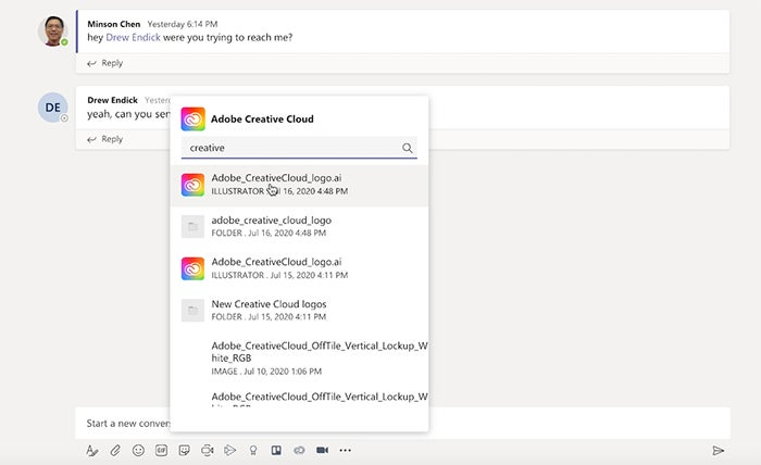 Sharing an Adobe CC asset link in Microsoft Teams.
