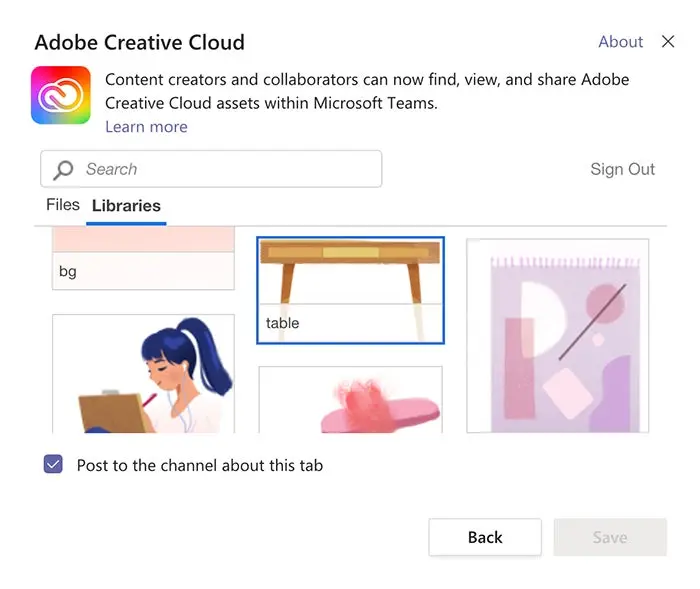 Accessing Adobe Creative Cloud Libraries assets in Microsoft Teams.